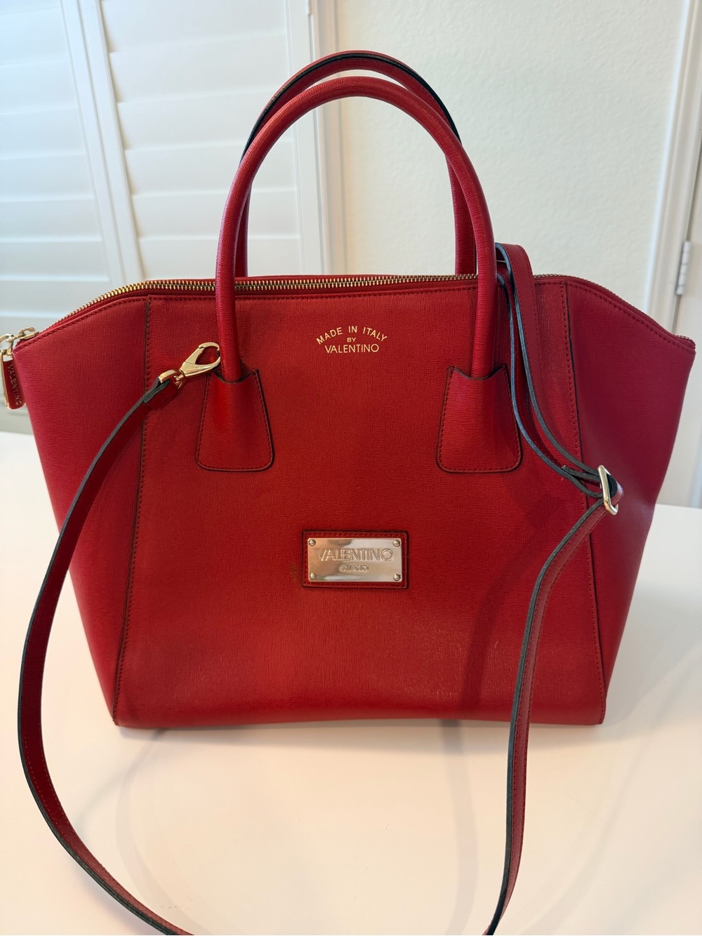Valentino Red Saffiano Leather Shoulder Tote with Gold Hardware